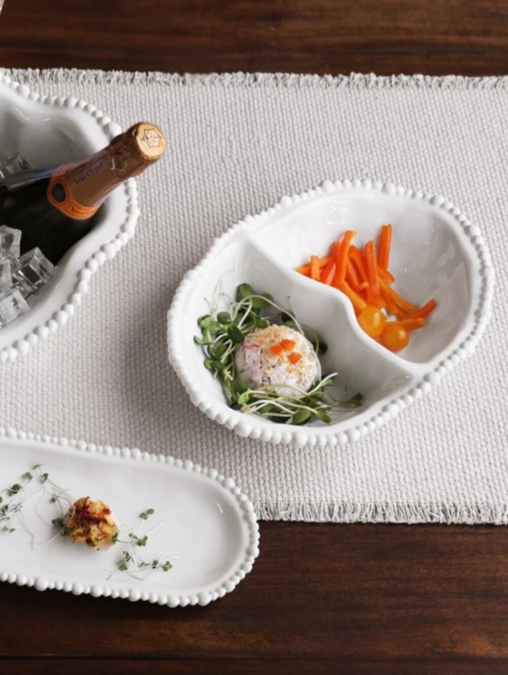 Beatriz Ball Vida Alegria Double Dip White Divided Serving Dish Beaded Rim - Picture 7 of 14
